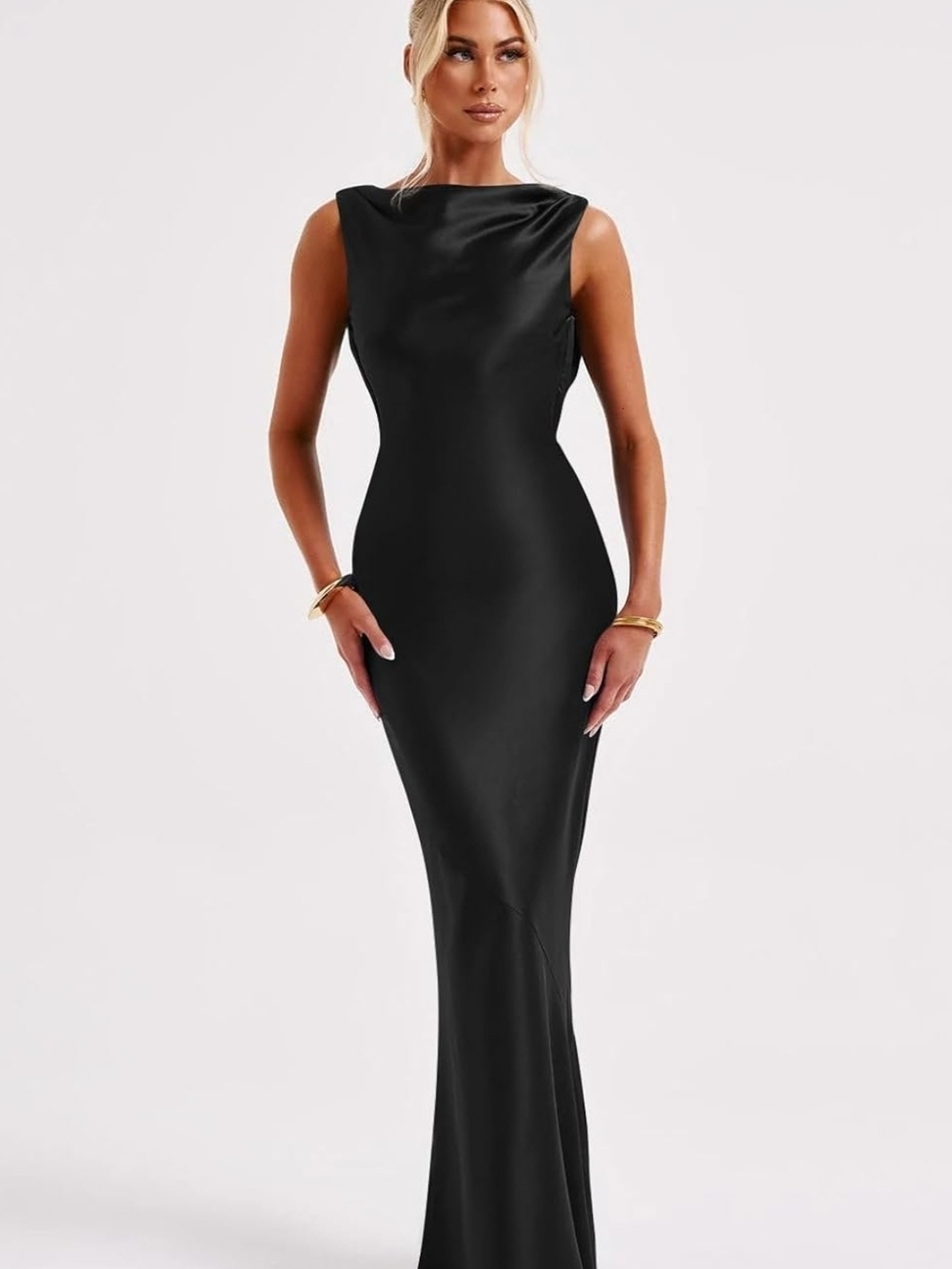 Sleeveless Black Satin Evening Gown